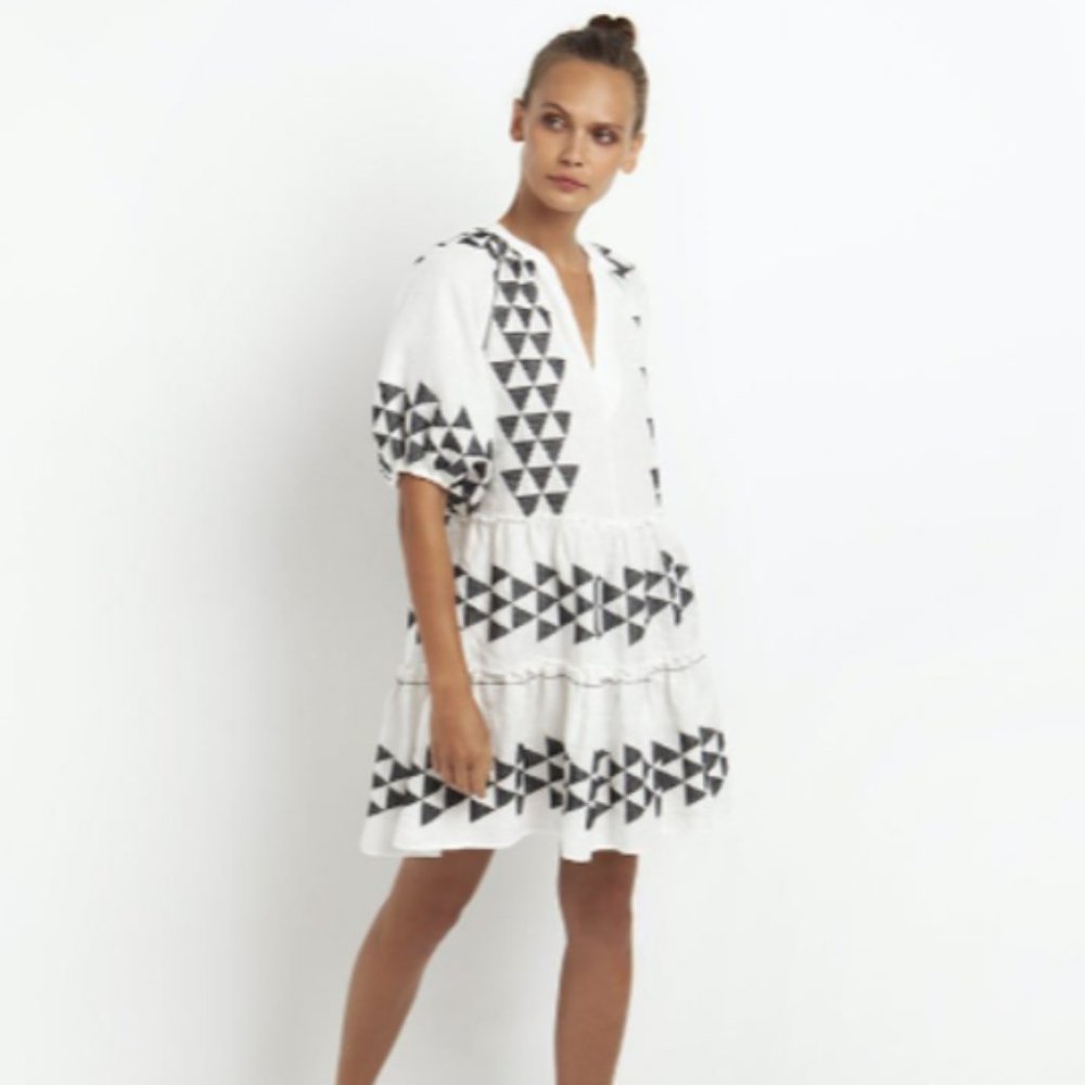 Greek Archaic Kori - Hera Short Balloon Sleeve Dress (White/Black)